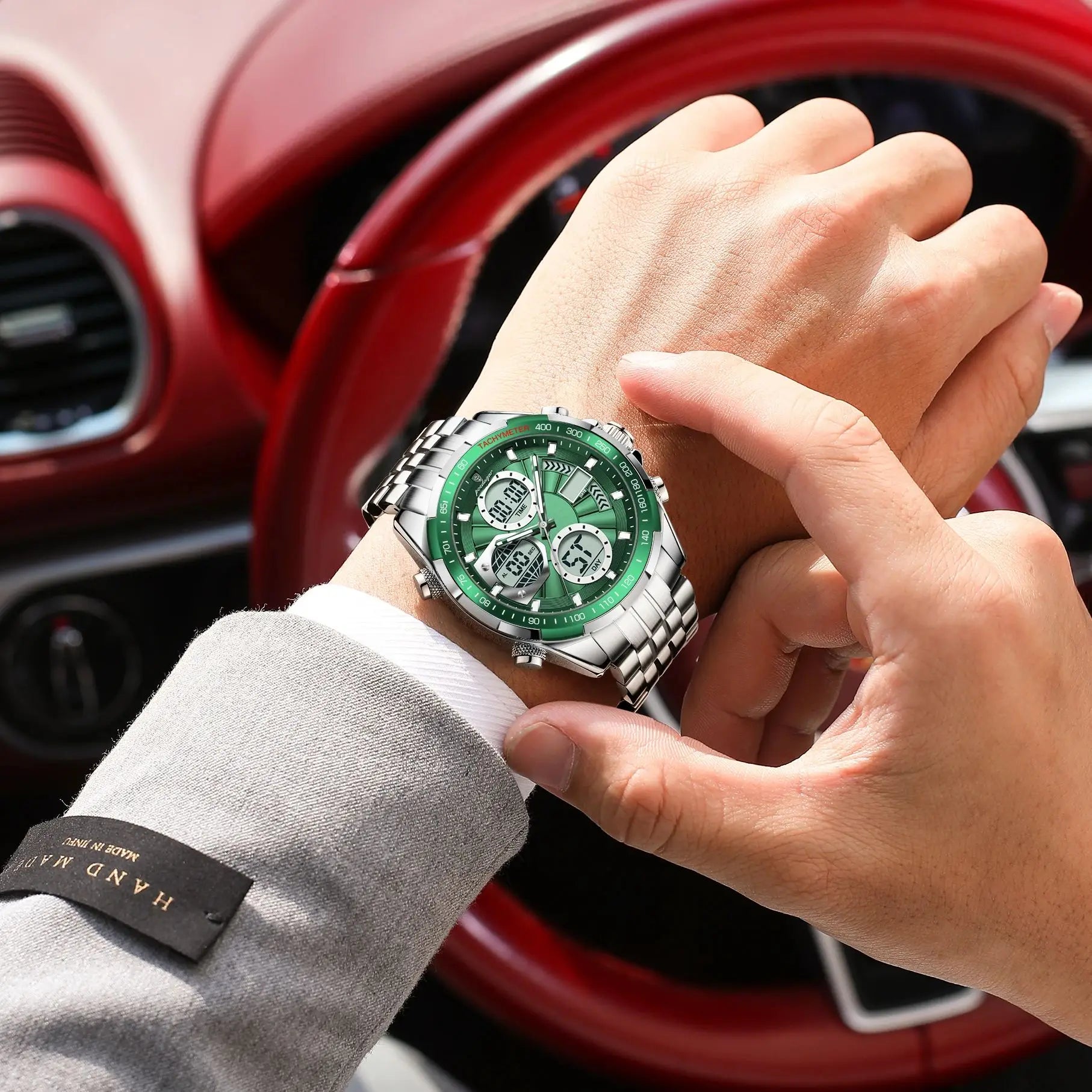 POEDAGAR Analog-Digital Quartz Watch – Stainless Steel Chronograph with LED Display