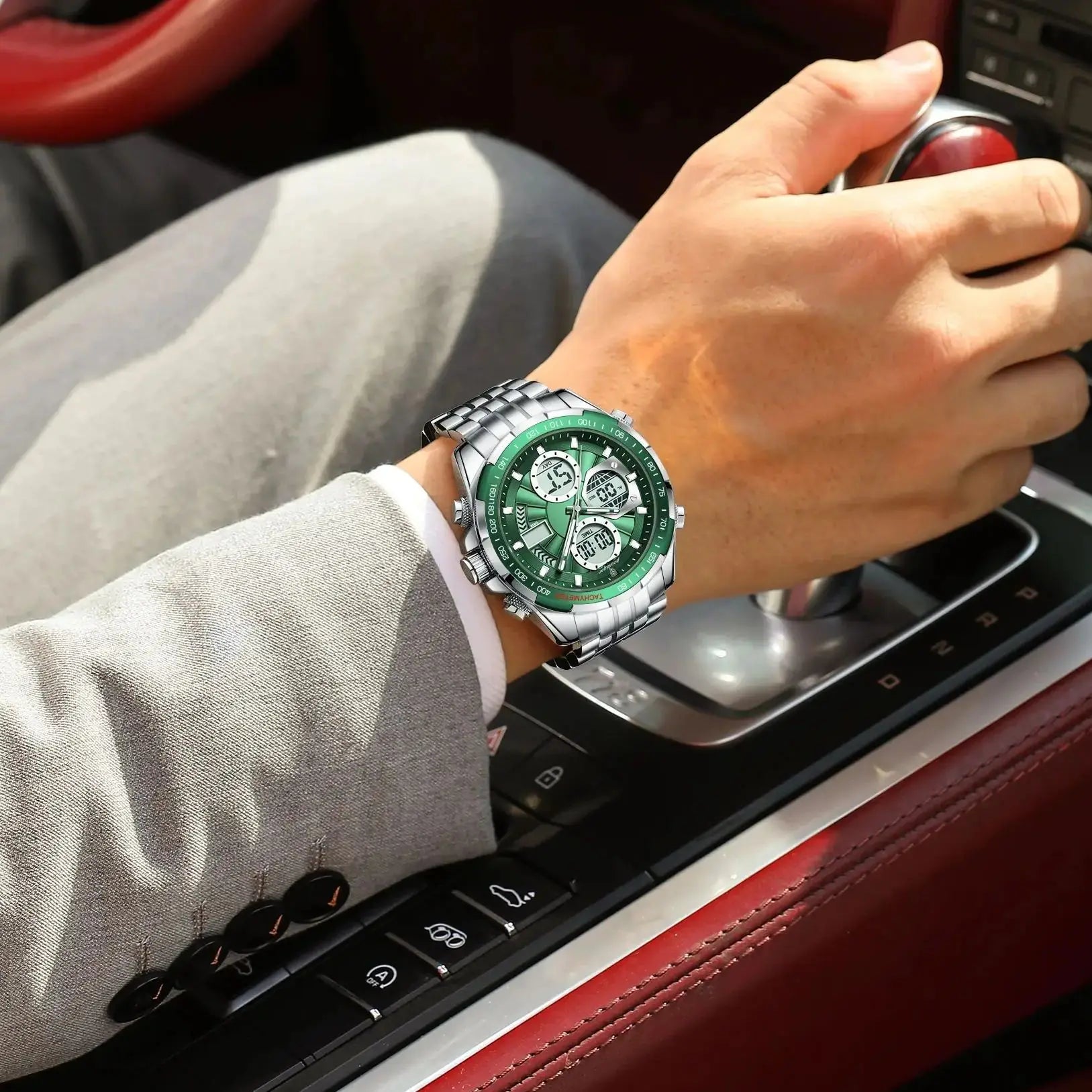 POEDAGAR Analog-Digital Quartz Watch – Stainless Steel Chronograph with LED Display