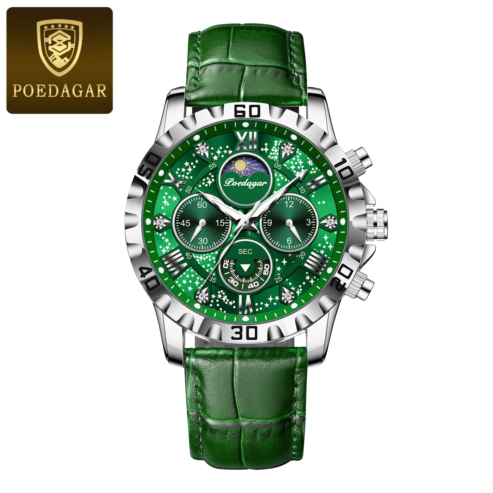 POEDAGAR Men’s Quartz Watch – Leather Strap Chronograph with Sapphire Crystal