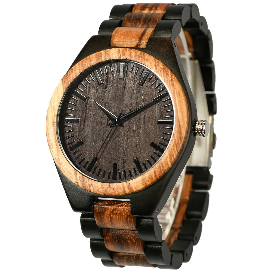 Rainch Wooden Quartz Wristwatch – Round Case, Numberless Minimalist Design, Folding Clasp
