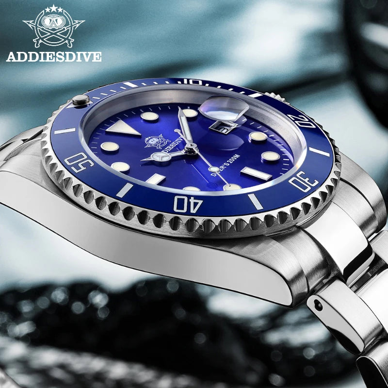 ADDIESDIVE 20Bar Waterproof Quartz Watch – Stainless Steel Diver with Luminous Hands & Numberless Dial