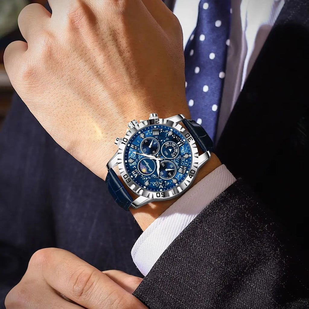 POEDAGAR Men’s Quartz Watch – Leather Strap Chronograph with Sapphire Crystal