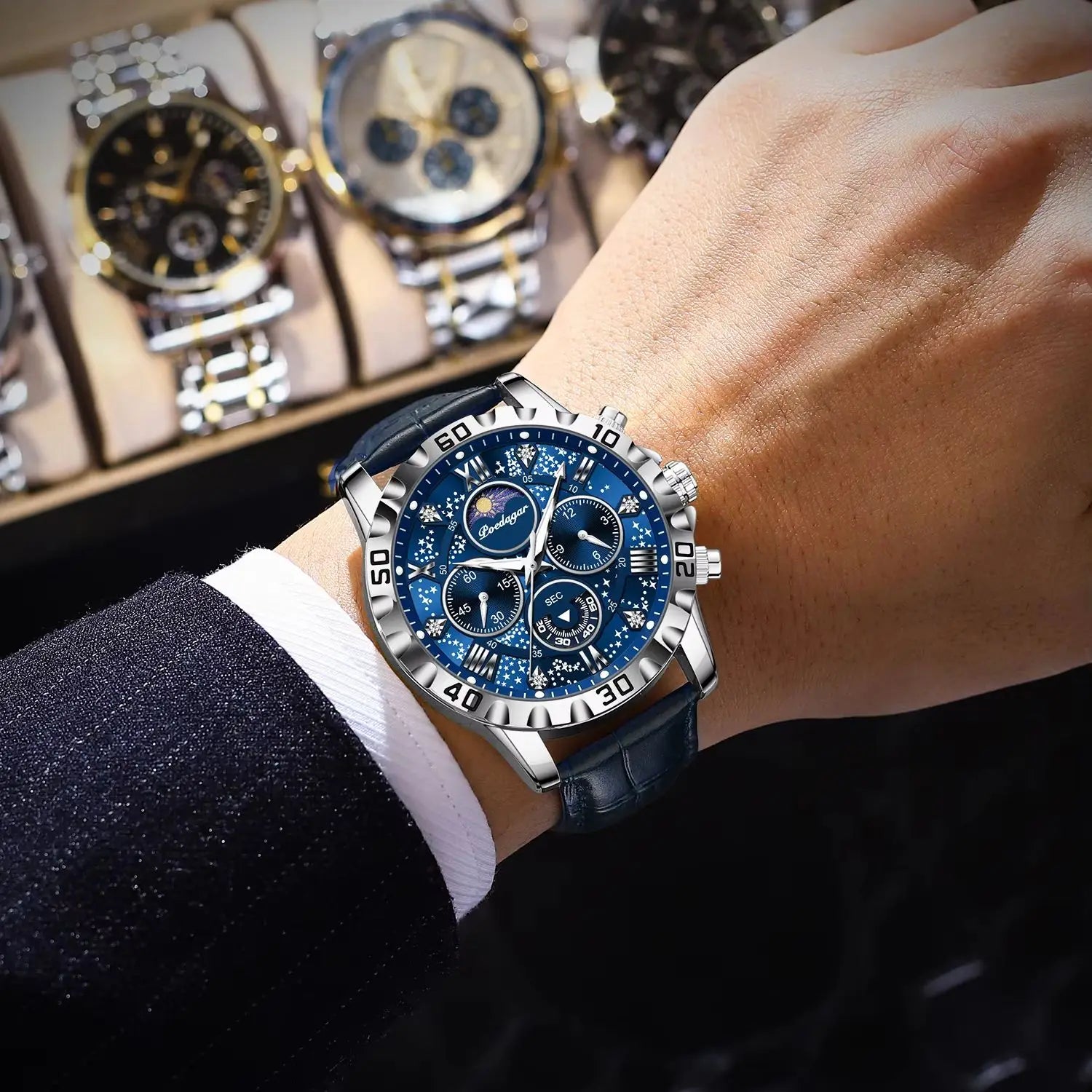 POEDAGAR Men’s Quartz Watch – Leather Strap Chronograph with Sapphire Crystal