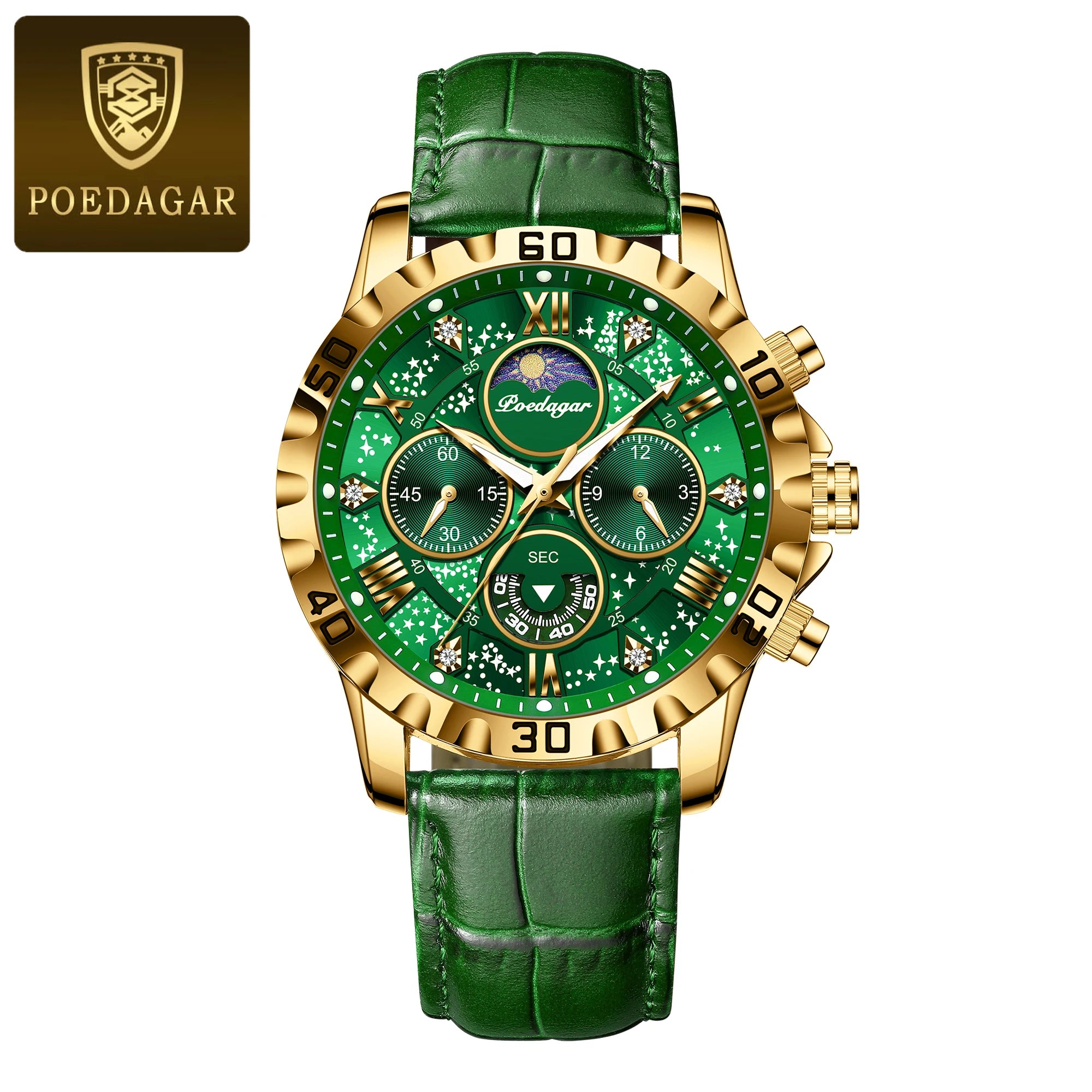POEDAGAR Men’s Quartz Watch – Leather Strap Chronograph with Sapphire Crystal
