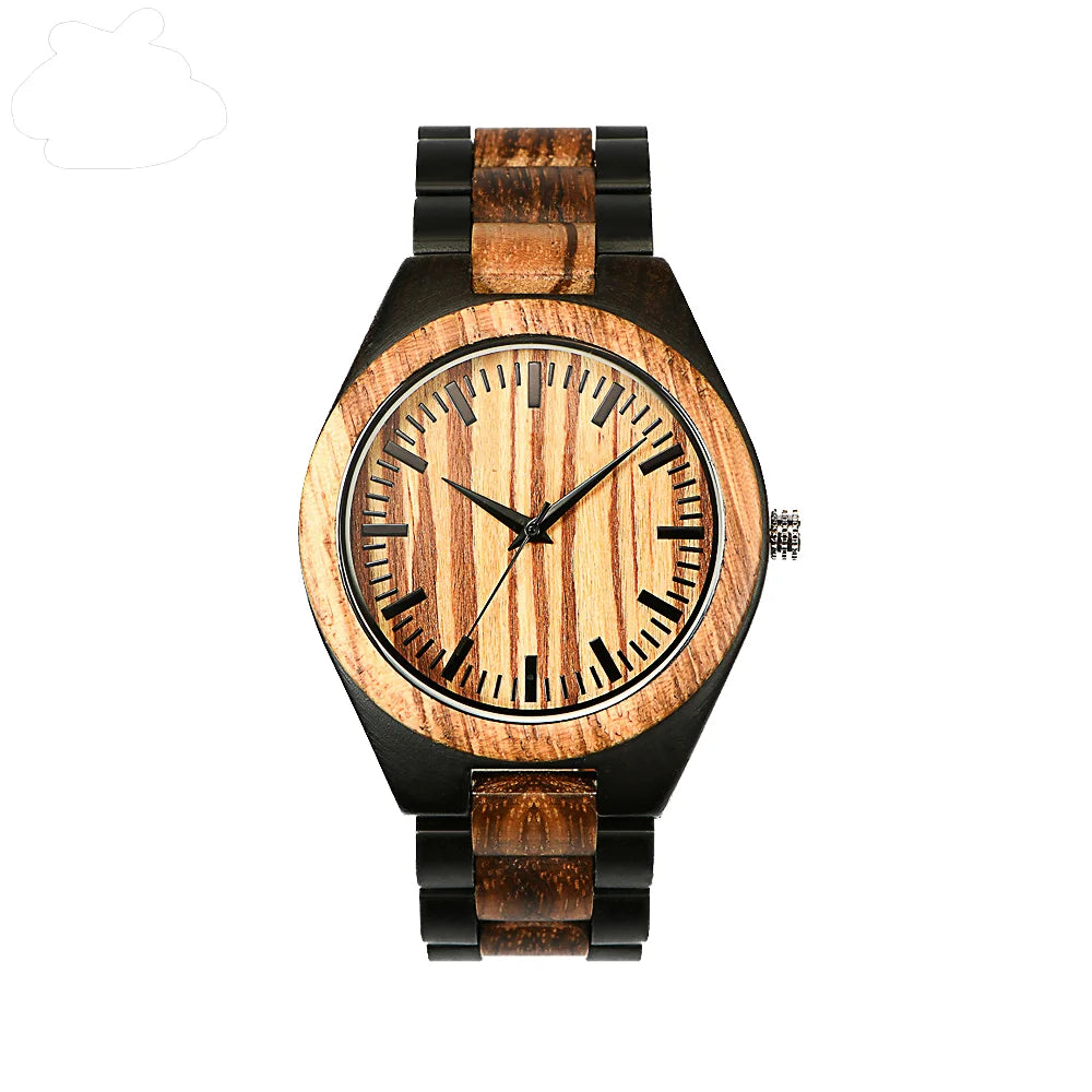 Rainch Wooden Quartz Wristwatch – Round Case, Numberless Minimalist Design, Folding Clasp