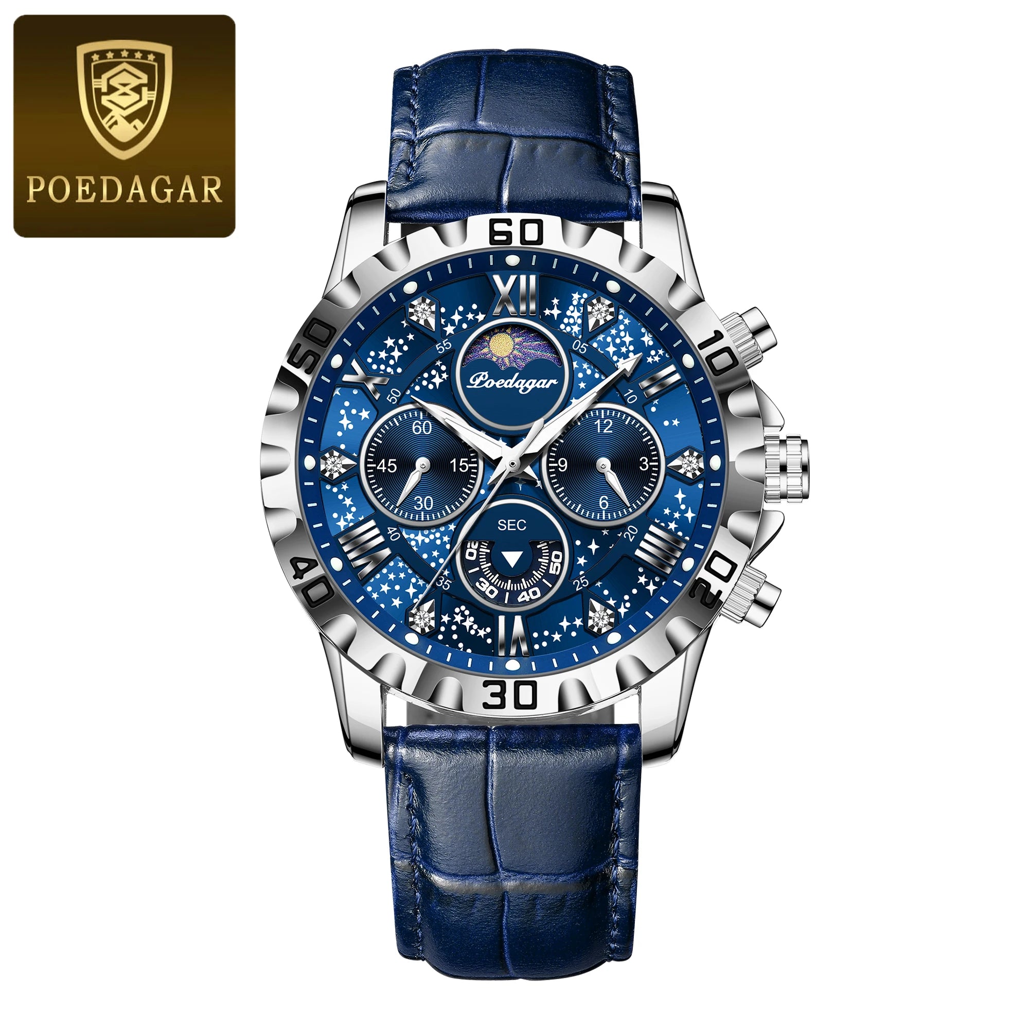 POEDAGAR Men’s Quartz Watch – Leather Strap Chronograph with Sapphire Crystal