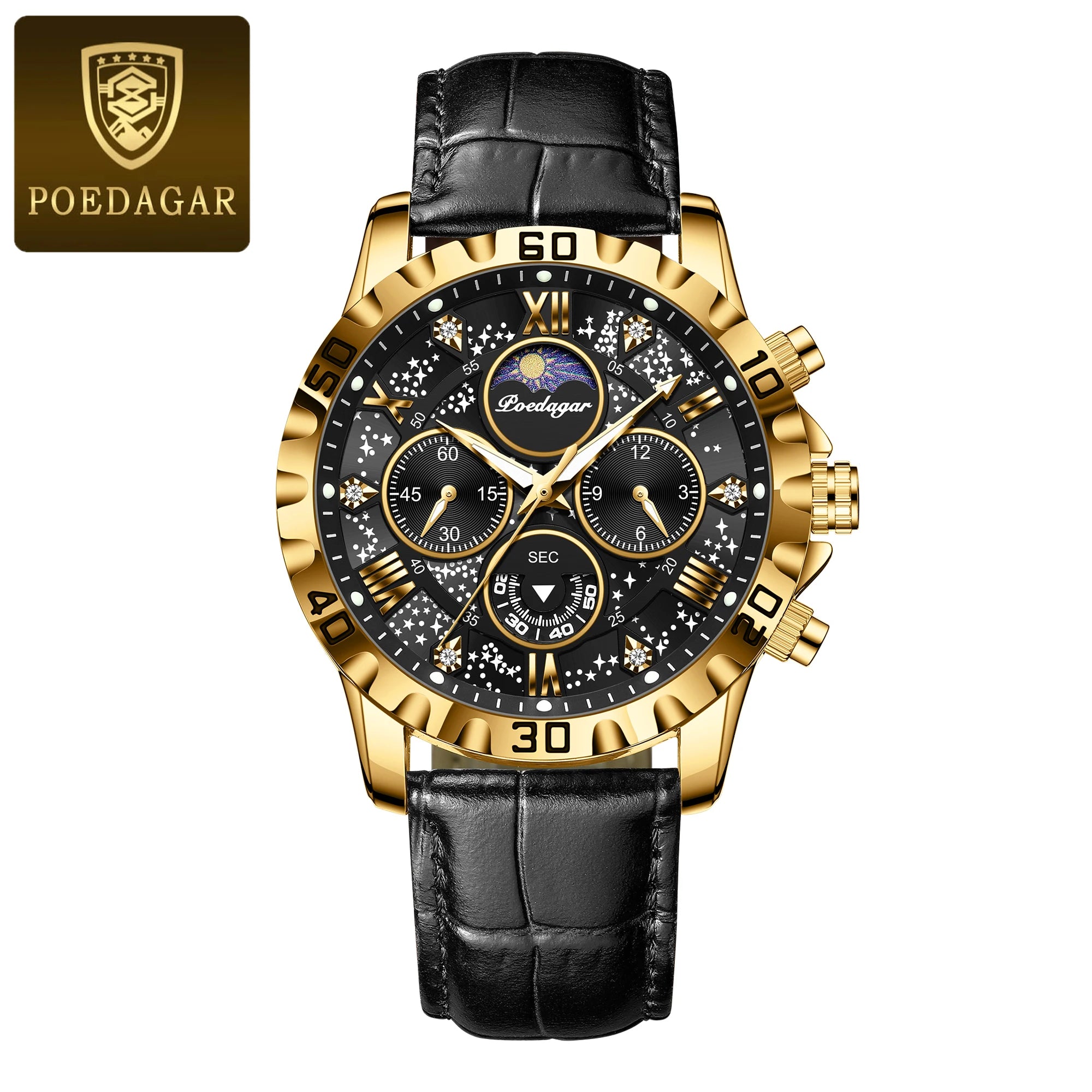 POEDAGAR Men’s Quartz Watch – Leather Strap Chronograph with Sapphire Crystal