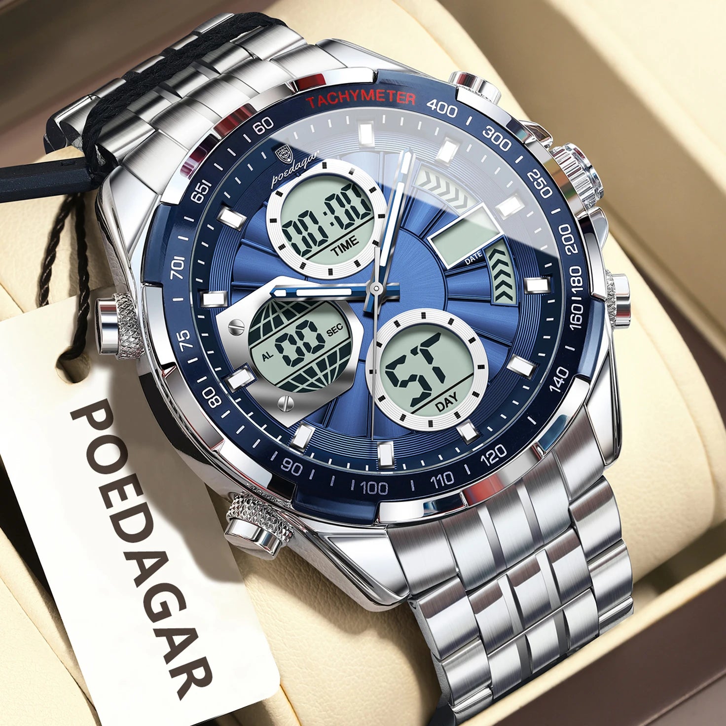 POEDAGAR Analog-Digital Quartz Watch – Stainless Steel Chronograph with LED Display