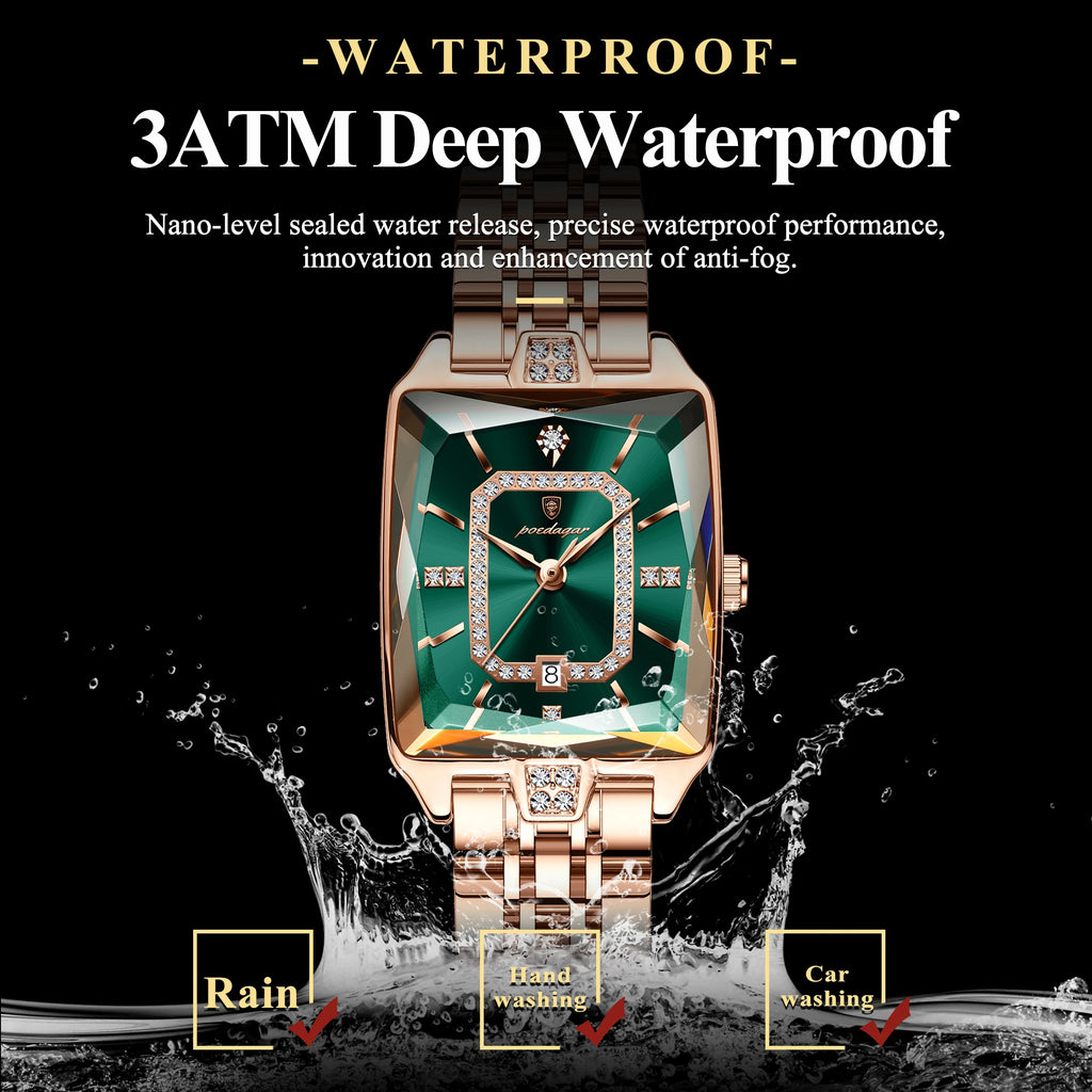 POEDAGAR Rectangular Quartz Watch – Stainless Steel, Auto Date, 3ATM Water Resistant