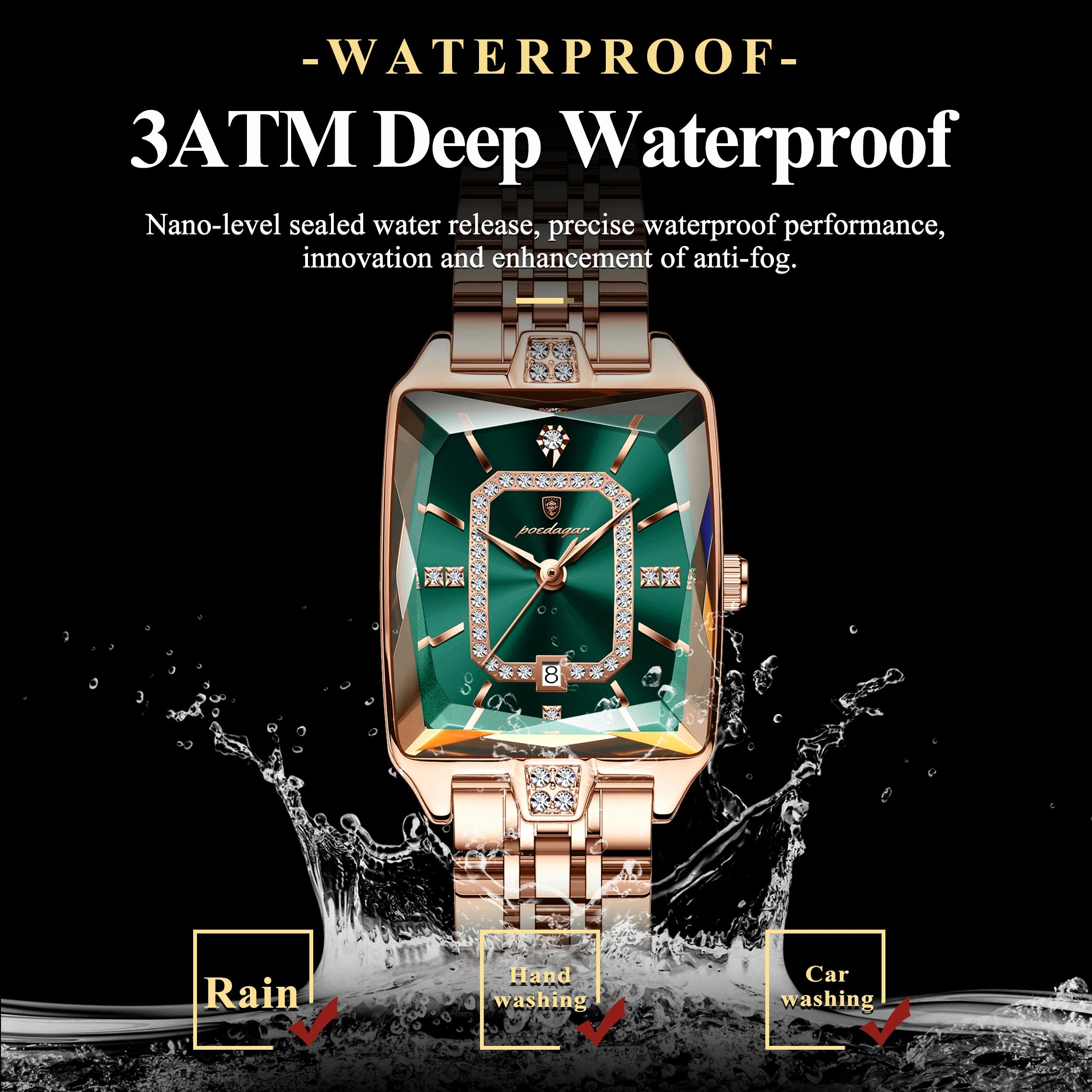 POEDAGAR Rectangular Quartz Watch – Stainless Steel, Auto Date, 3ATM Water Resistant