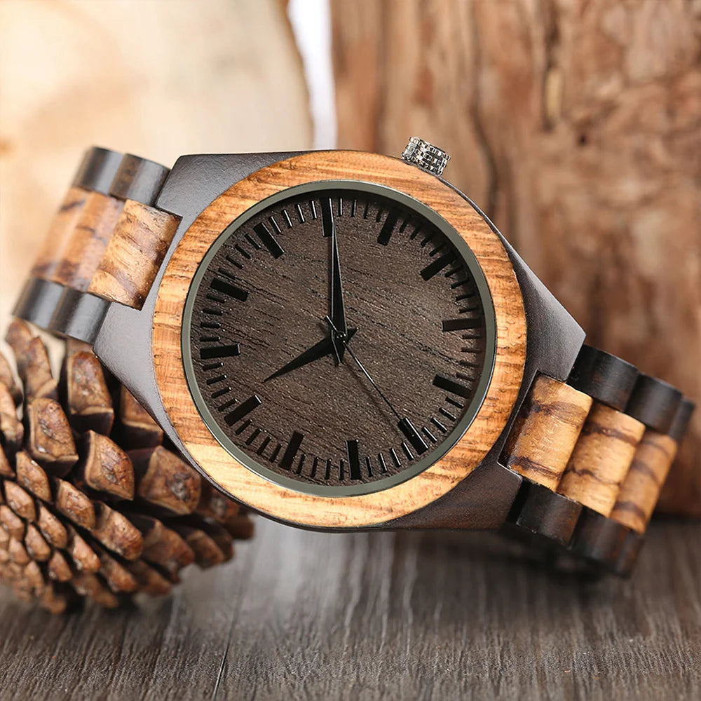 Rainch Wooden Quartz Wristwatch – Round Case, Numberless Minimalist Design, Folding Clasp