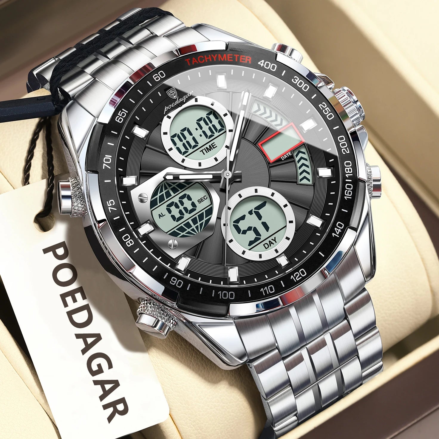 POEDAGAR Analog-Digital Quartz Watch – Stainless Steel Chronograph with LED Display