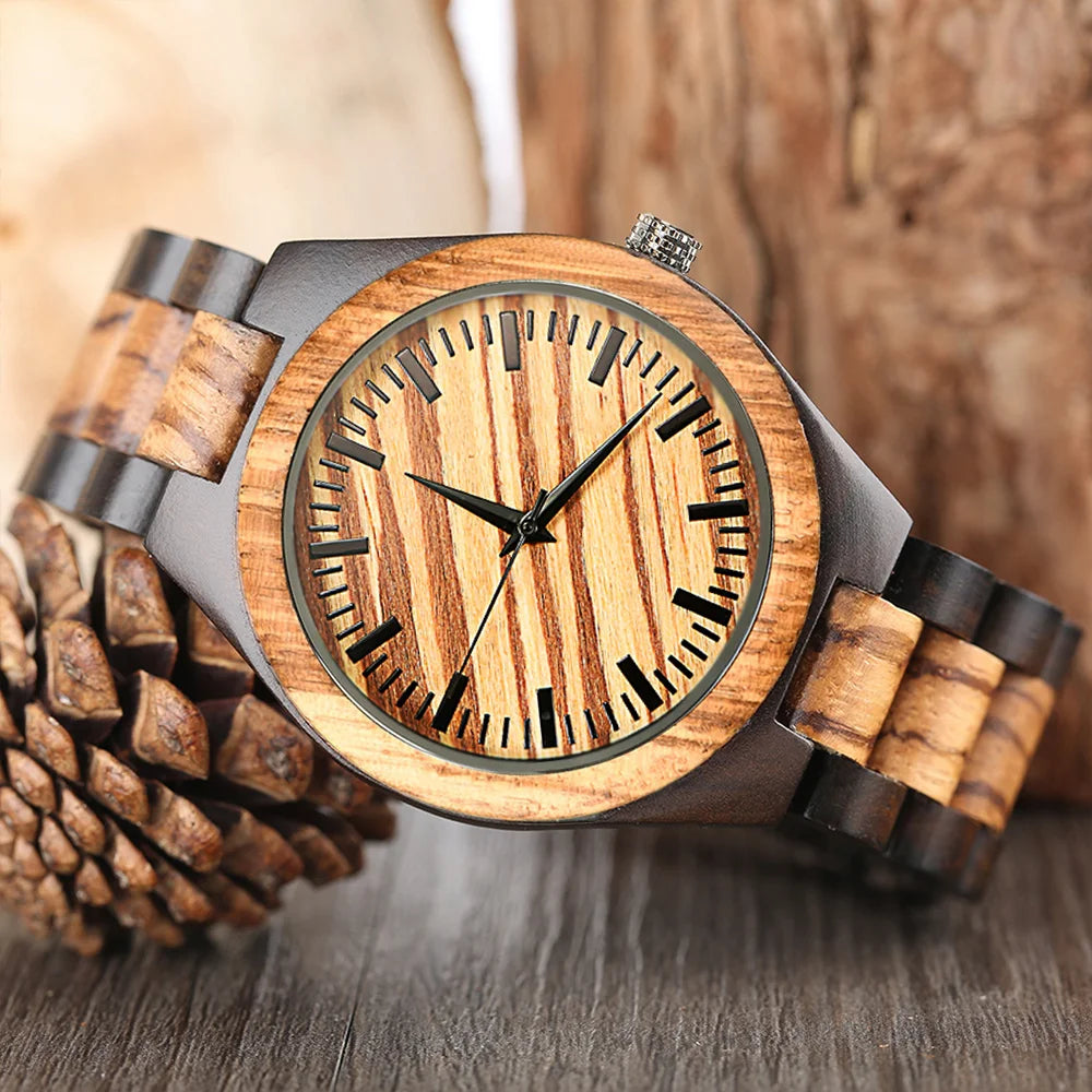 Rainch Wooden Quartz Wristwatch – Round Case, Numberless Minimalist Design, Folding Clasp