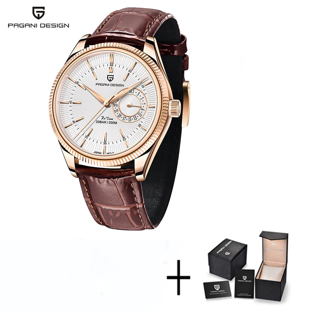 Elegant Waterproof Quartz Watch – Leather Strap, Stainless Steel Case, 20Bar Performance