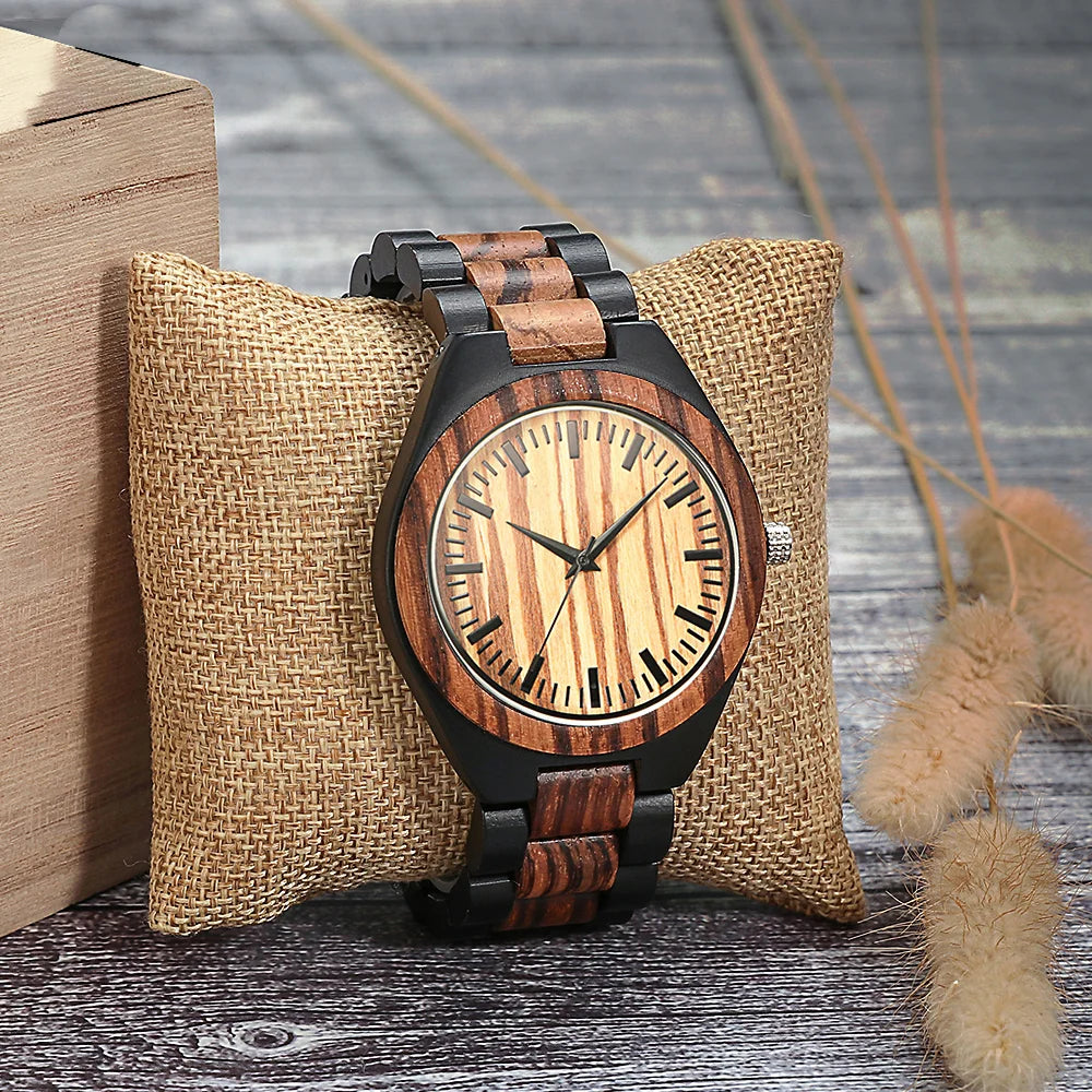 Rainch Wooden Quartz Wristwatch – Round Case, Numberless Minimalist Design, Folding Clasp