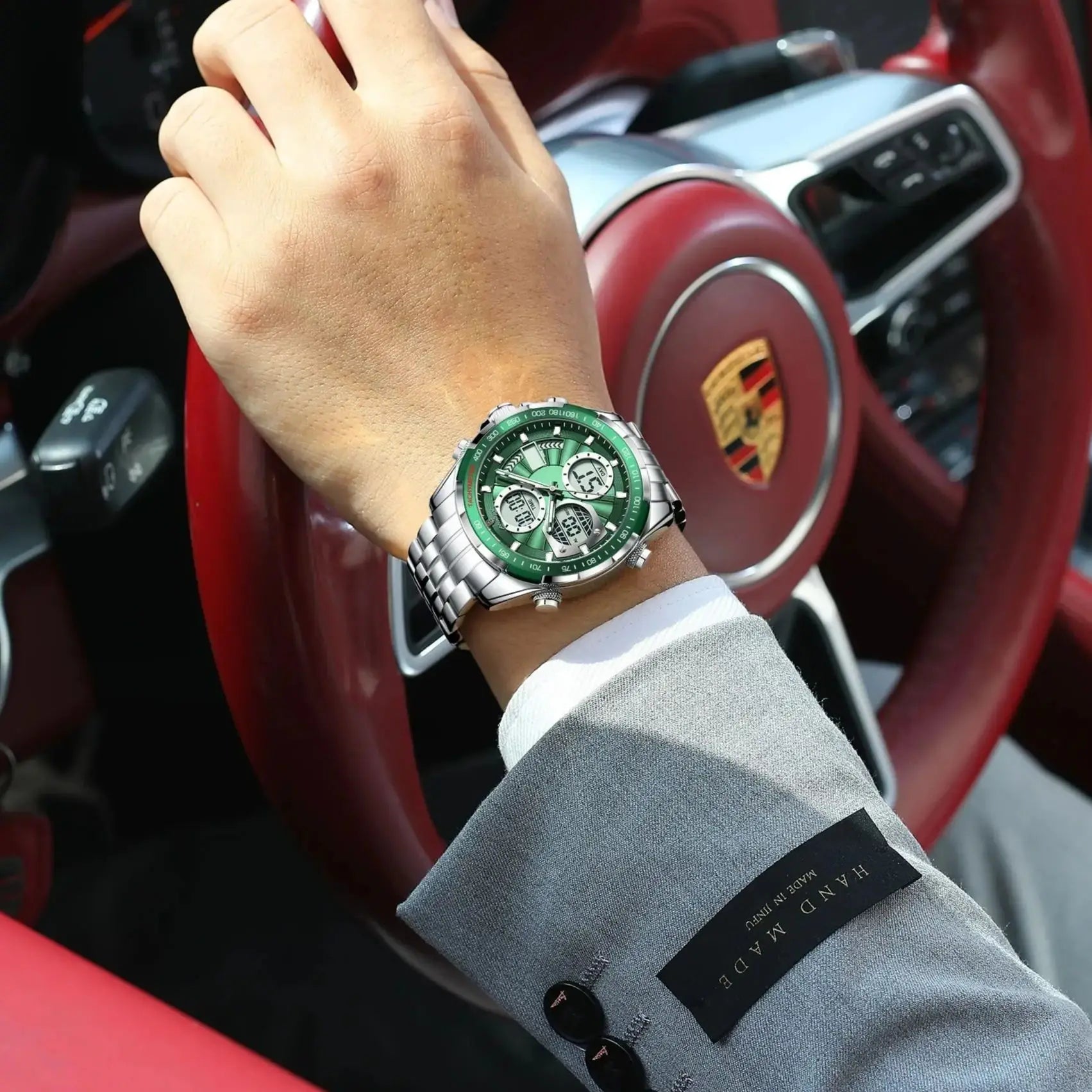 POEDAGAR Analog-Digital Quartz Watch – Stainless Steel Chronograph with LED Display